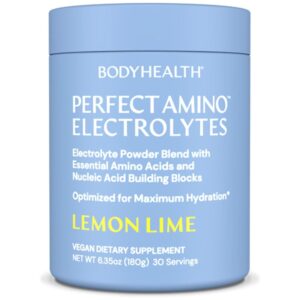 bodyhealth perfectamino electrolyte powder no sugar, hydration fasting keto zero sugar electrolytes drink mix with trace minerals lemon lime 30 servings