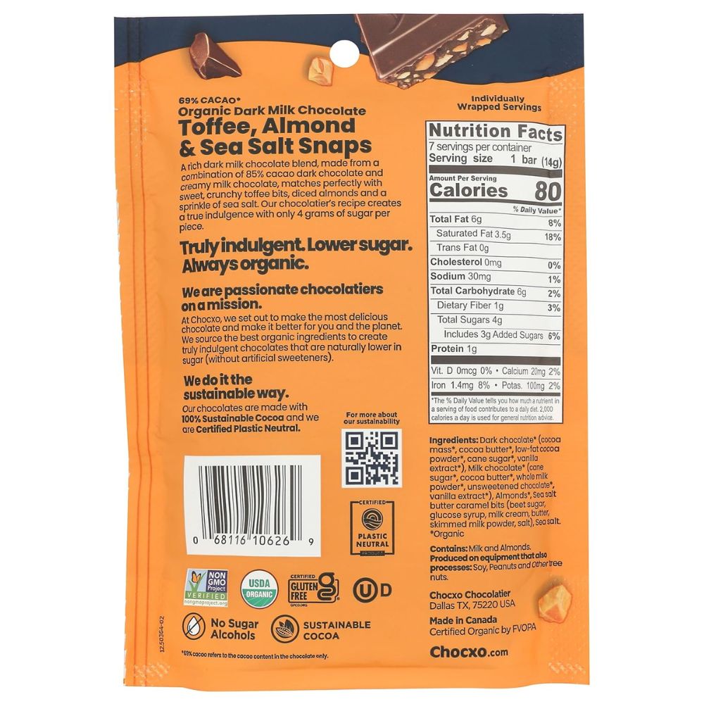 chocxo organic toffee almond 69% dark milk chocolate snaps, 3.45 oz chocxo organic toffee almond 69% dark milk chocolate snaps, 3.45 oz