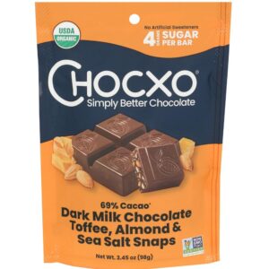 Home chocxo organic toffee almond 69% dark milk chocolate snaps, 3.45 oz