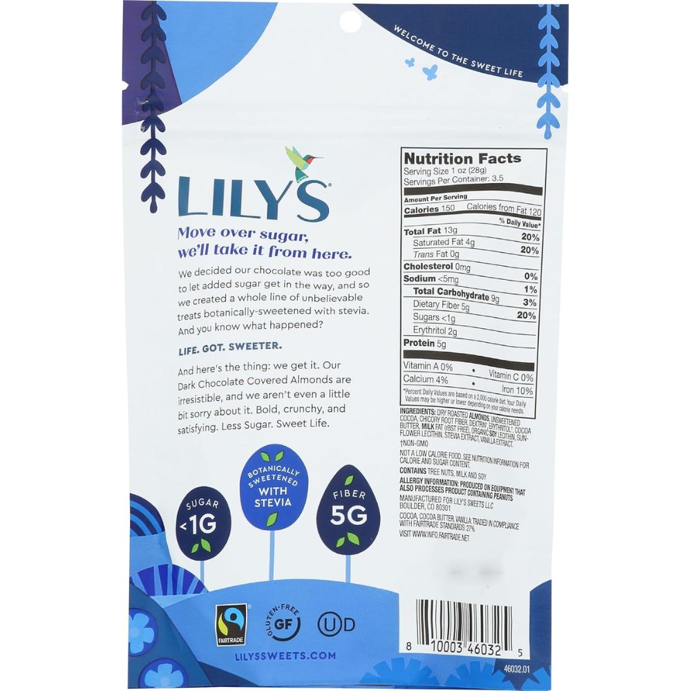 lily's sweets, dark chocolate covered almonds, 3.5 ounce lily's sweets, dark chocolate covered almonds, 3.5 ounce