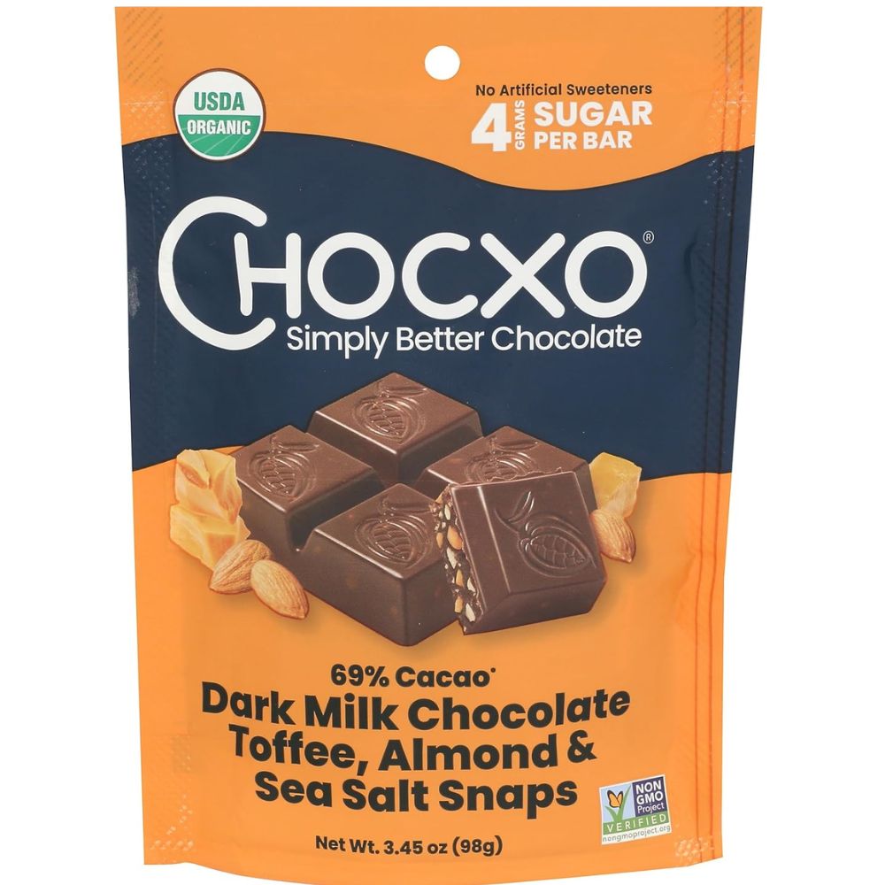 chocxo organic toffee almond 69% dark milk chocolate snaps, 3.45 oz chocxo organic toffee almond 69% dark milk chocolate snaps, 3.45 oz