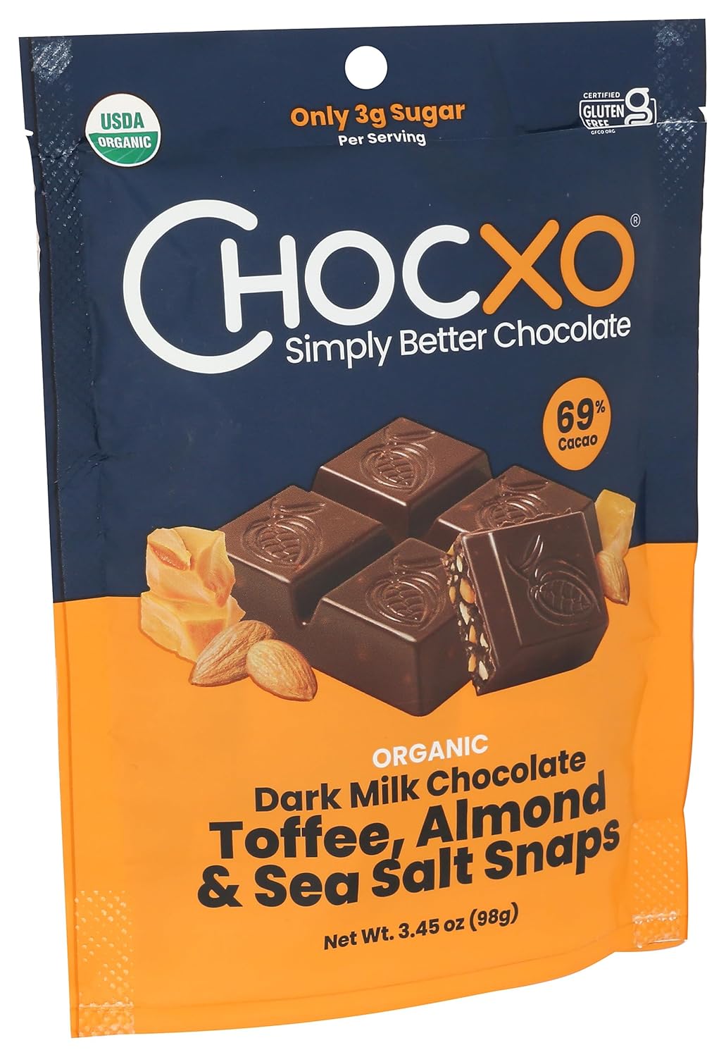 chocxo organic toffee almond 69% dark milk chocolate snaps, 3.45 oz chocxo organic toffee almond 69% dark milk chocolate snaps, 3.45 oz