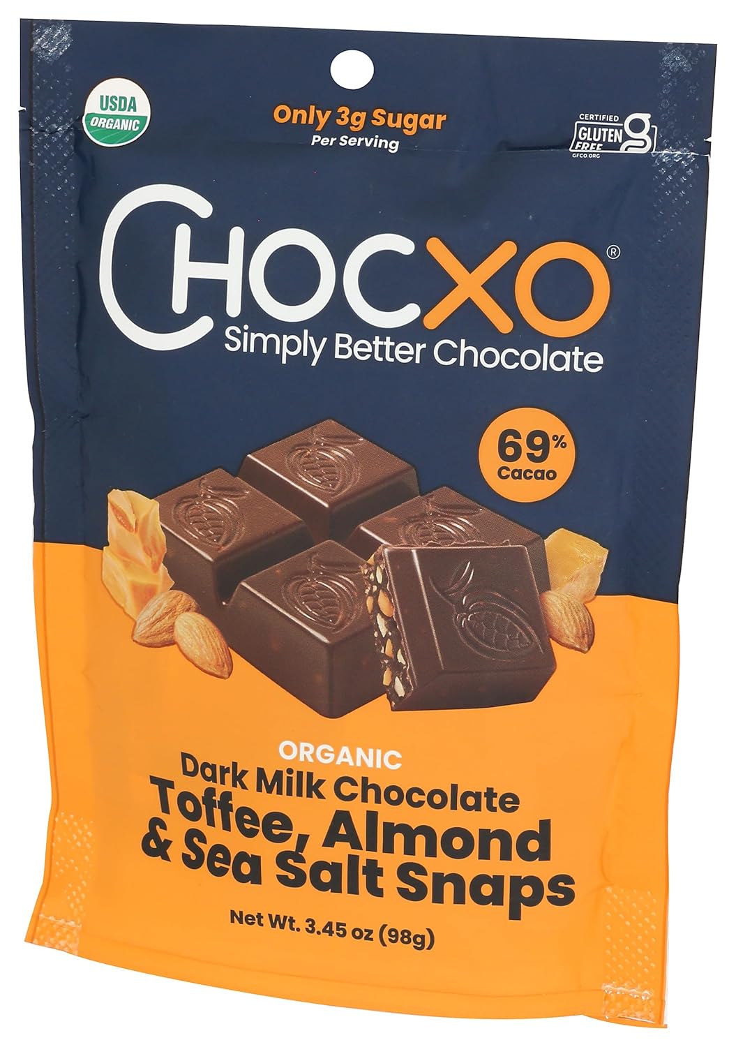 chocxo organic toffee almond 69% dark milk chocolate snaps, 3.45 oz chocxo organic toffee almond 69% dark milk chocolate snaps, 3.45 oz