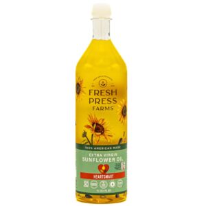 fresh press farms cold pressed extra virgin sunflower oil, 33.8 fl oz, high oleic, georgia grown, 100% american made, unrefined, certified whole30, non gmo, keto, paleo, gluten free