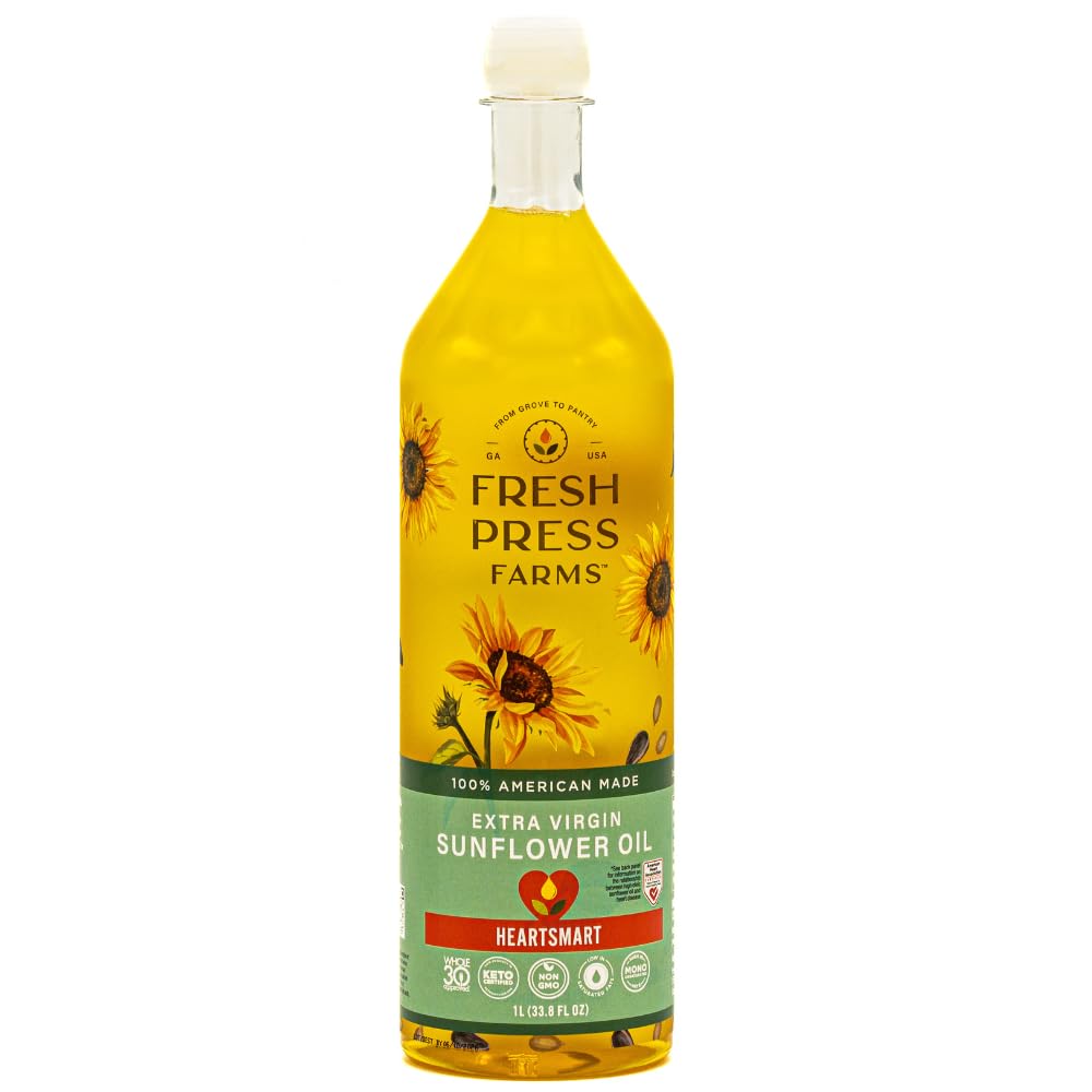 fresh press farms cold pressed extra virgin sunflower oil, 33.8 fl oz, high oleic, georgia grown, 100% american made, unrefined, certified whole30, non gmo, keto, paleo, gluten free fresh press farms cold pressed extra virgin sunflower oil, 33.8 fl oz, high oleic, georgia grown, 100% american made, unrefined, certified whole30, non gmo, keto, paleo, gluten free