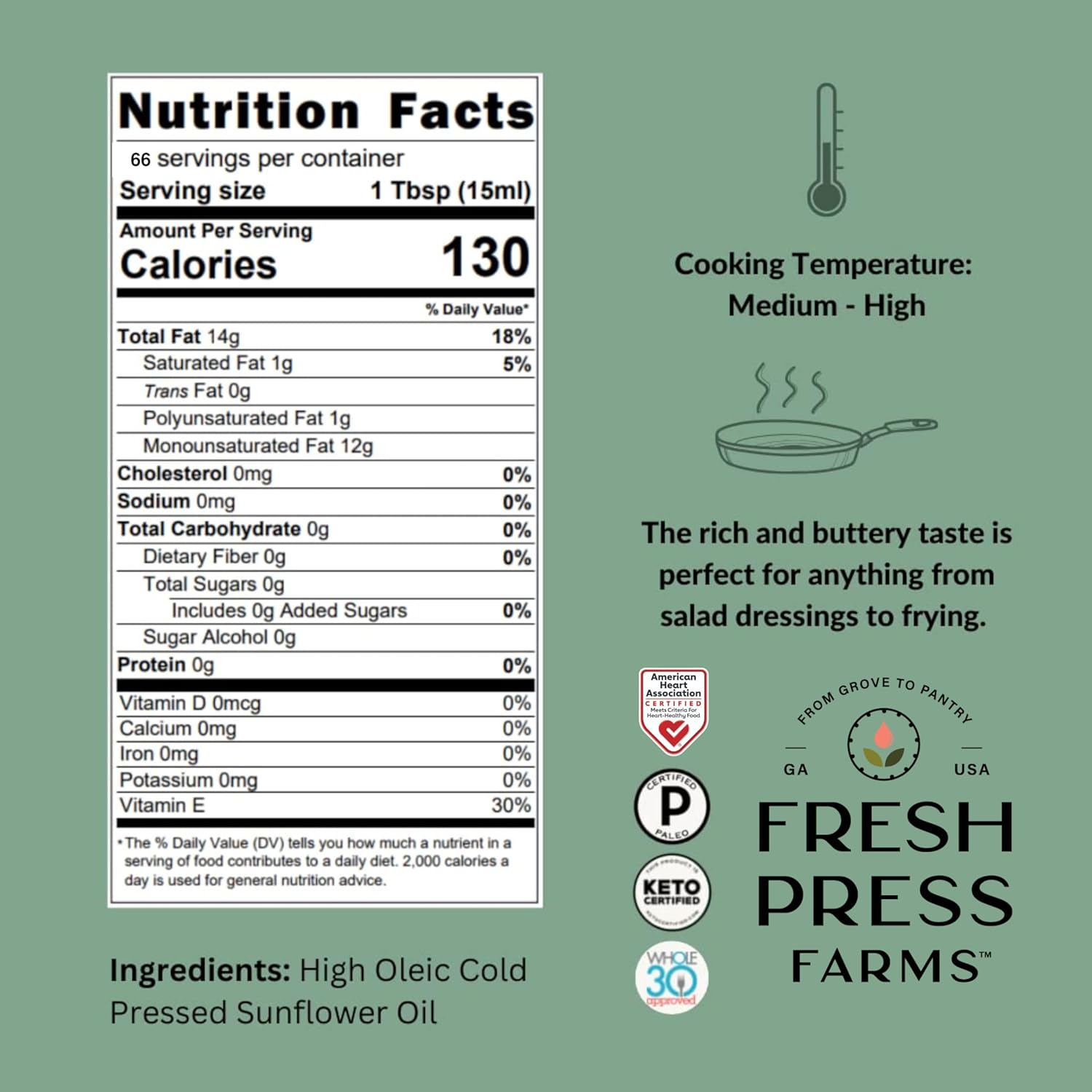fresh press farms cold pressed extra virgin sunflower oil, 33.8 fl oz, high oleic, georgia grown, 100% american made, unrefined, certified whole30, non gmo, keto, paleo, gluten free fresh press farms cold pressed extra virgin sunflower oil, 33.8 fl oz, high oleic, georgia grown, 100% american made, unrefined, certified whole30, non gmo, keto, paleo, gluten free