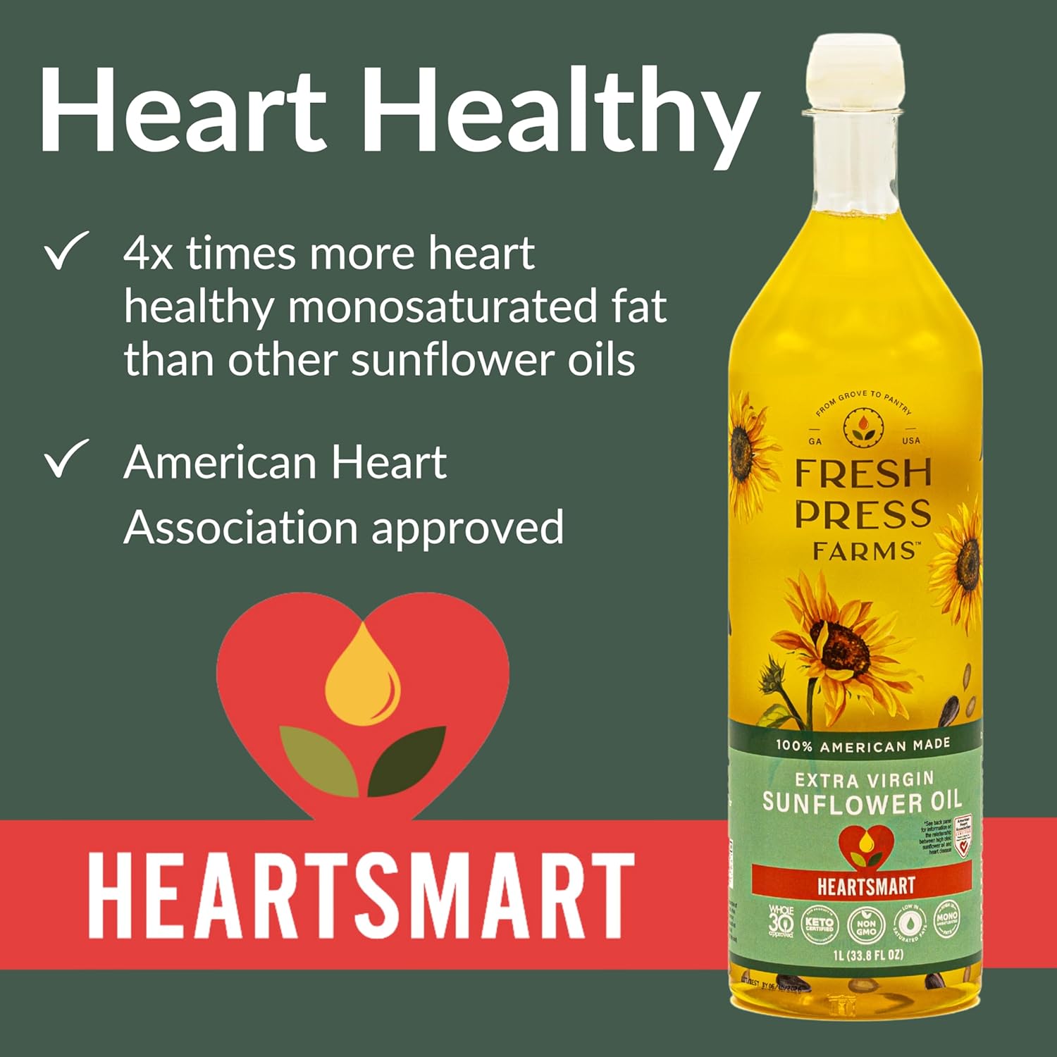 fresh press farms cold pressed extra virgin sunflower oil, 33.8 fl oz, high oleic, georgia grown, 100% american made, unrefined, certified whole30, non gmo, keto, paleo, gluten free fresh press farms cold pressed extra virgin sunflower oil, 33.8 fl oz, high oleic, georgia grown, 100% american made, unrefined, certified whole30, non gmo, keto, paleo, gluten free