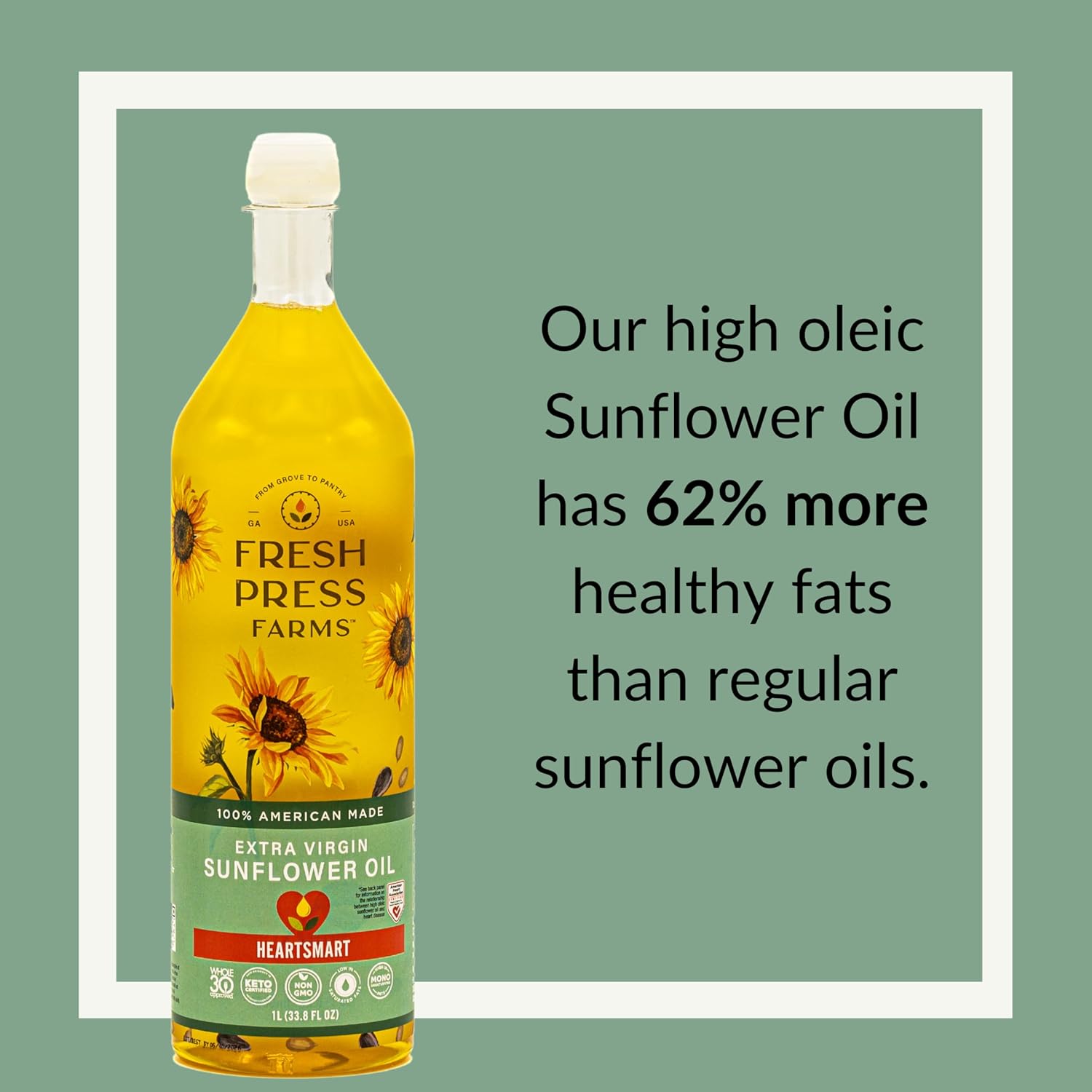 fresh press farms cold pressed extra virgin sunflower oil, 33.8 fl oz, high oleic, georgia grown, 100% american made, unrefined, certified whole30, non gmo, keto, paleo, gluten free fresh press farms cold pressed extra virgin sunflower oil, 33.8 fl oz, high oleic, georgia grown, 100% american made, unrefined, certified whole30, non gmo, keto, paleo, gluten free