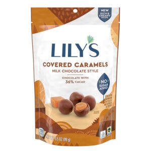 lily's milk chocolate style no sugar added, covered caramels bag, 3.5 oz