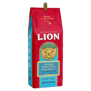 lion coffee, arabica coffee beans, light roast, premium ground coffee, toasted coconut flavor, a taste of aloha, 10 ounce bag