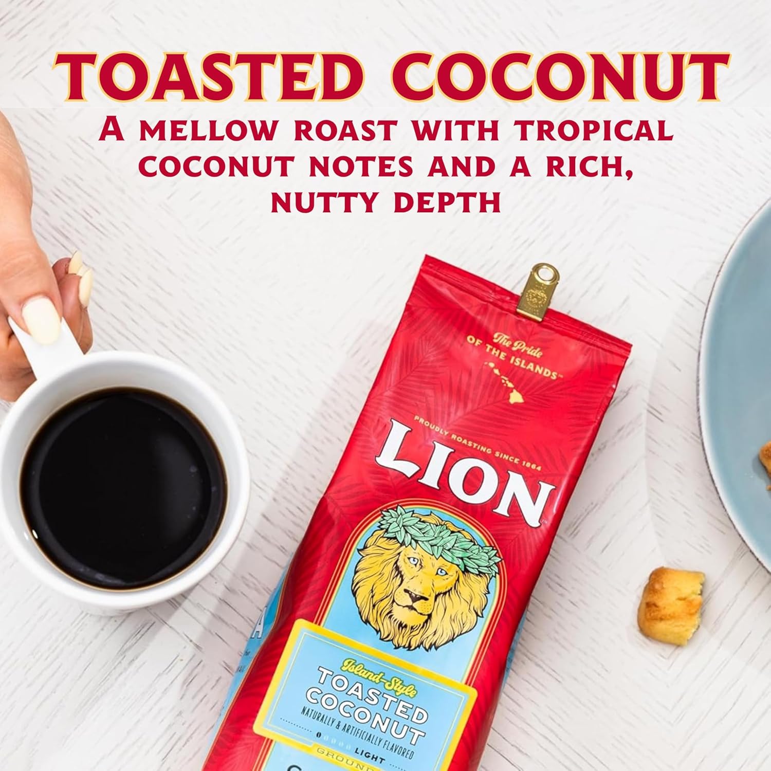 lion coffee, arabica coffee beans, light roast, premium ground coffee, toasted coconut flavor, a taste of aloha, 10 ounce bag lion coffee, arabica coffee beans, light roast, premium ground coffee, toasted coconut flavor, a taste of aloha, 10 ounce bag