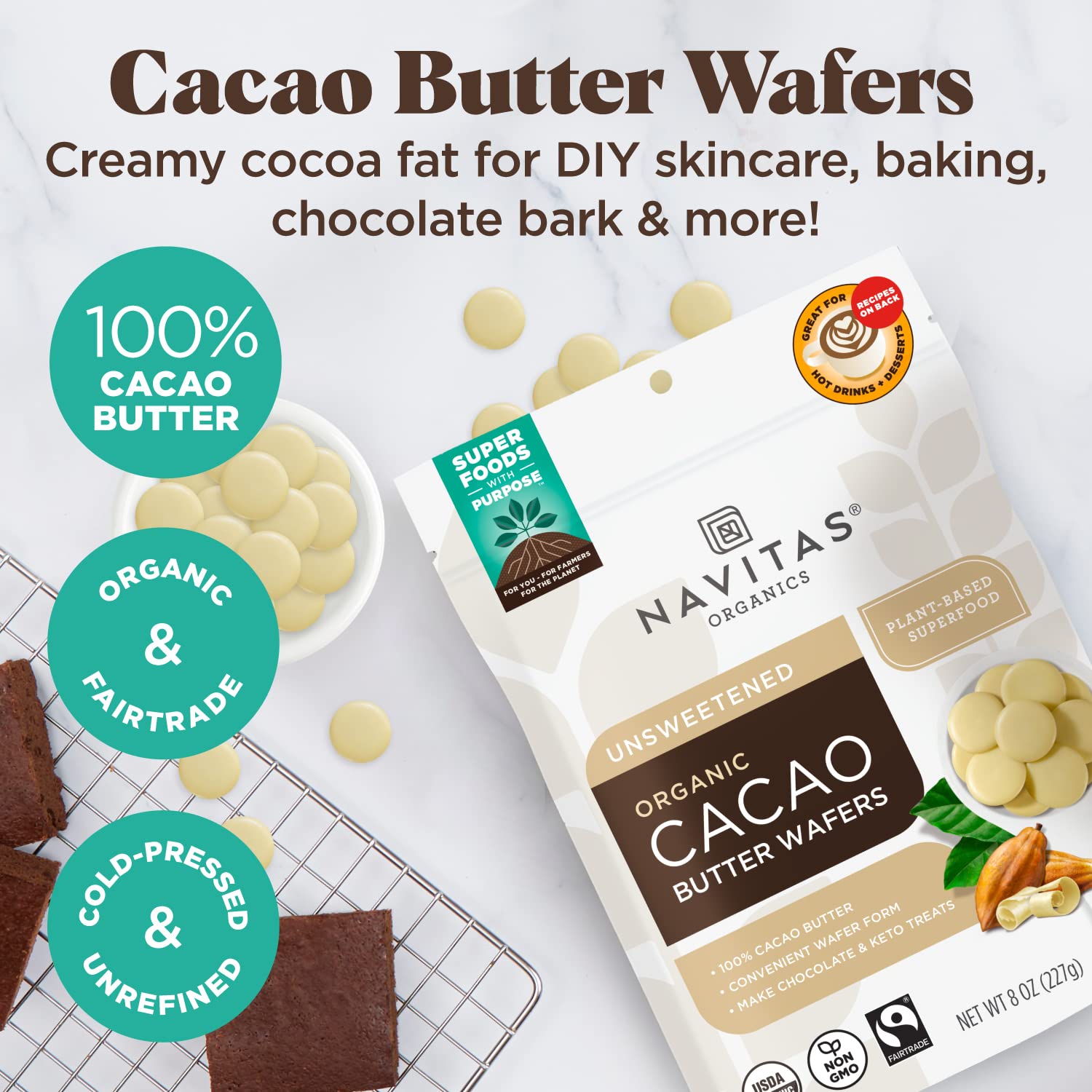 navitas organics cacao butter wafers, 8oz — organic, non gmo, fairtrade, gluten free navitas organics cacao butter wafers, 8oz — organic, non gmo, fairtrade, gluten free