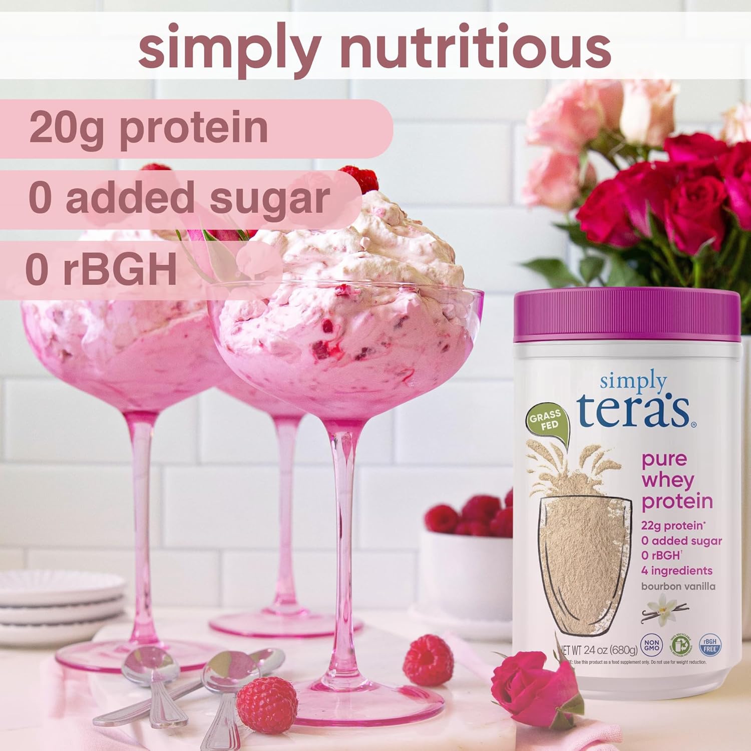 simply tera's pure whey protein powder grass fed vanilla whey protein powder, clean, made without artificial sweeteners, non gmo, kosher, rbgh free, soy free 24 oz simply tera's pure whey protein powder grass fed vanilla whey protein powder, clean, made without artificial sweeteners, non gmo, kosher, rbgh free, soy free 24 oz