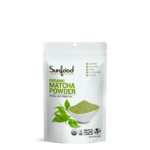 sunfood superfoods organic matcha powder matcha tea, matcha green tea powder, unsweetened matcha latte powder, non gmo, usda organic, gluten free, vegan 4 oz