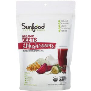 sunfood superfoods organic beets & mushrooms beet root powder, mushroom powder supplement, beetroot juice powder with lions mane, cordyceps, usda organic, gluten free 5.31 oz bag
