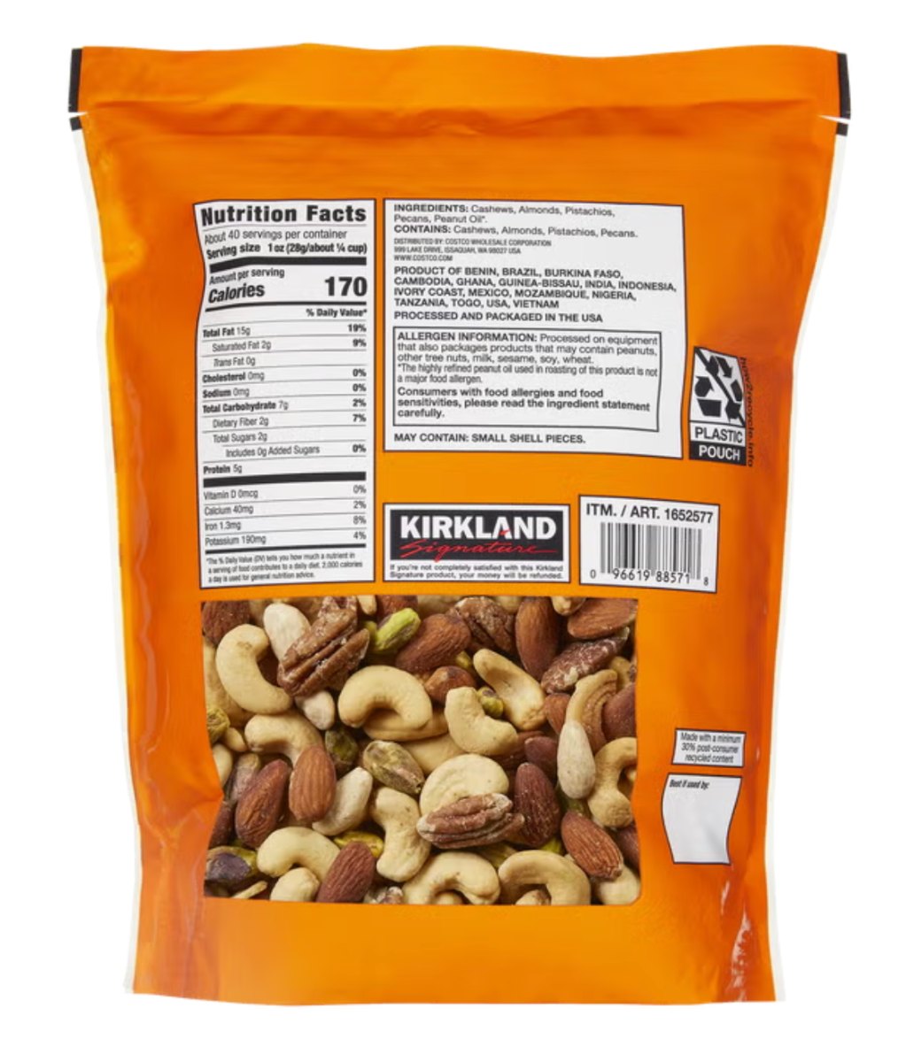 kirkland unsalted mixed nuts back Kirkland Signature Extra Fancy Unsalted Mixed Nuts 40 oz